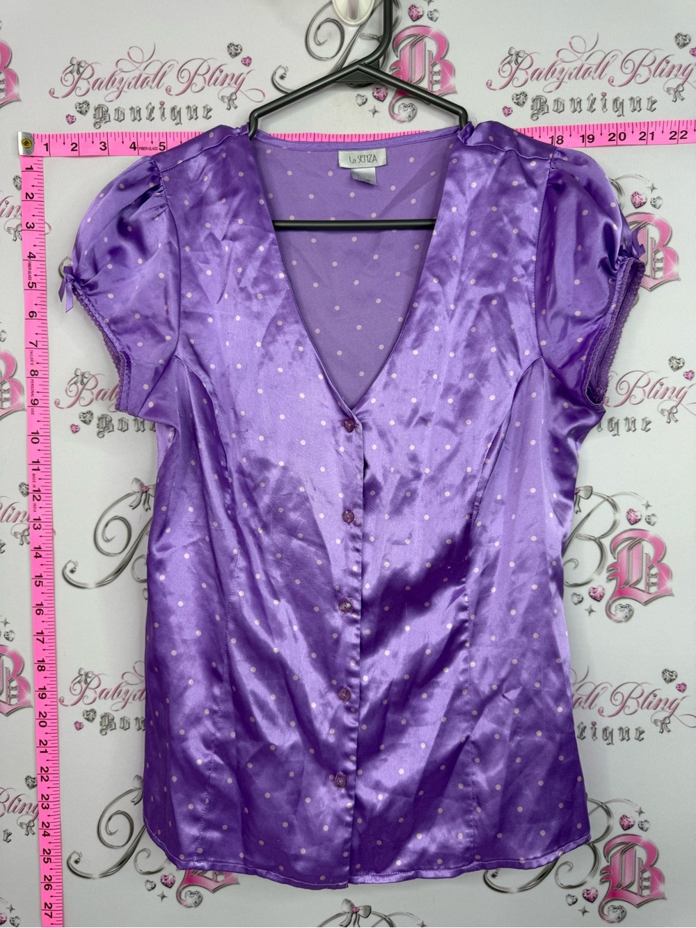 La SENZA y2k top buttons up Purple Polka Dot Satin Blouse milkmaid bows ribbon